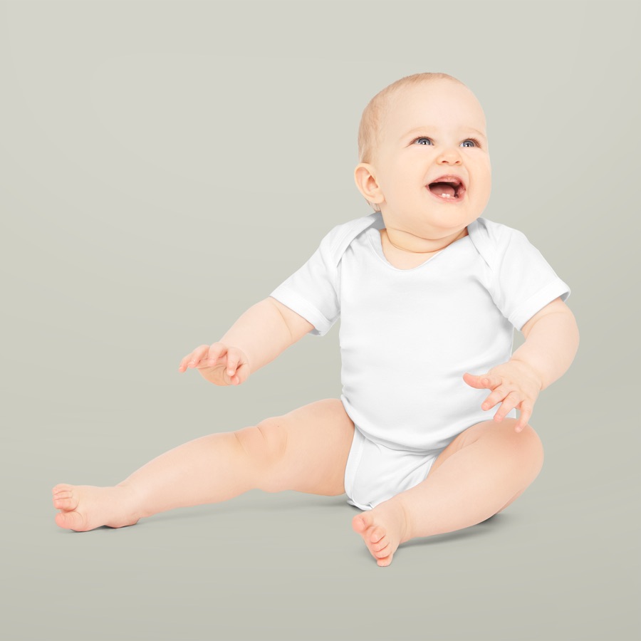 Smiling baby seated wearing a white organic cotton short-sleeve bodysuit, Babybugz blank