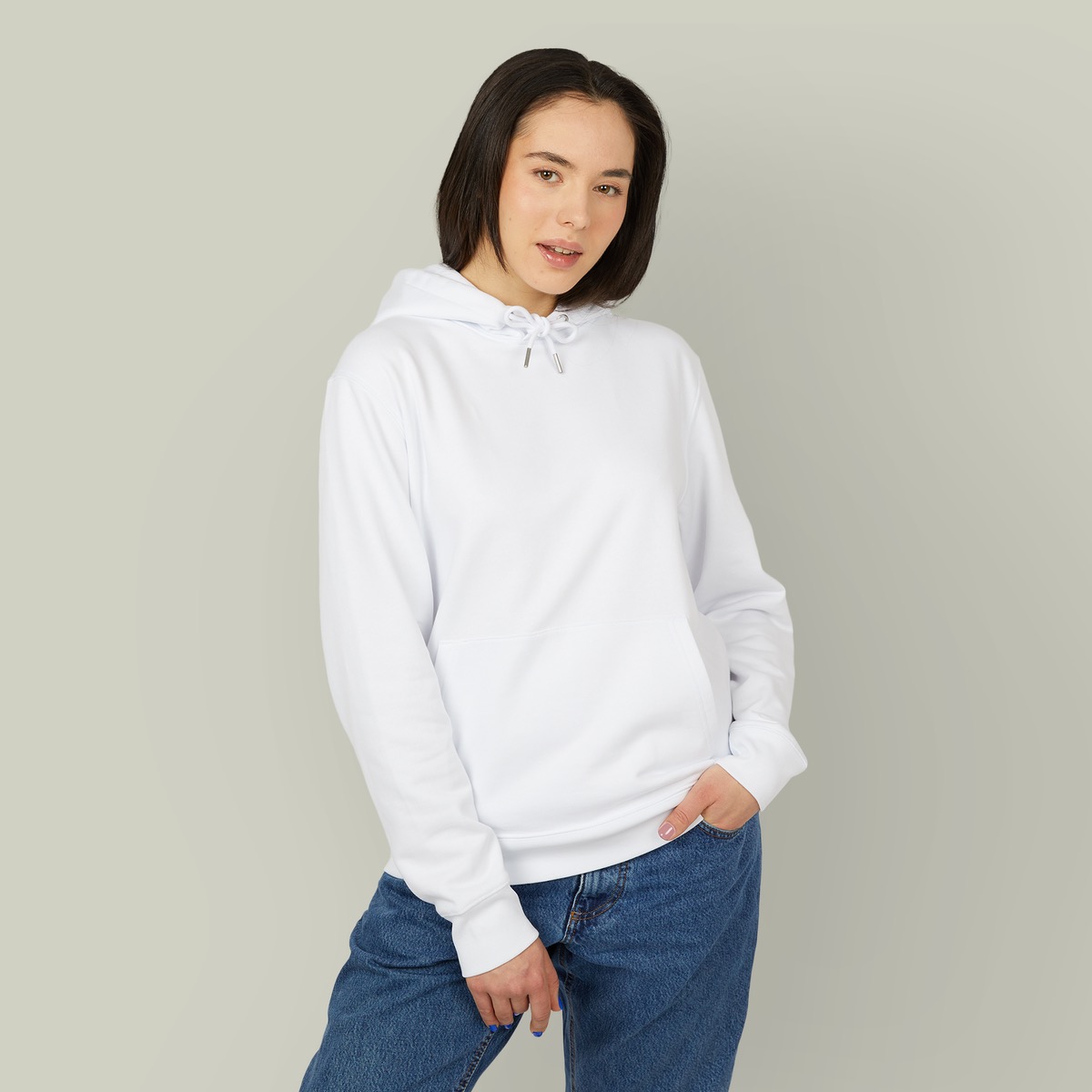 Organic cotton hoodie with drawstring hood on a hanger, Stanley Stella Cruiser 2.0 blank
