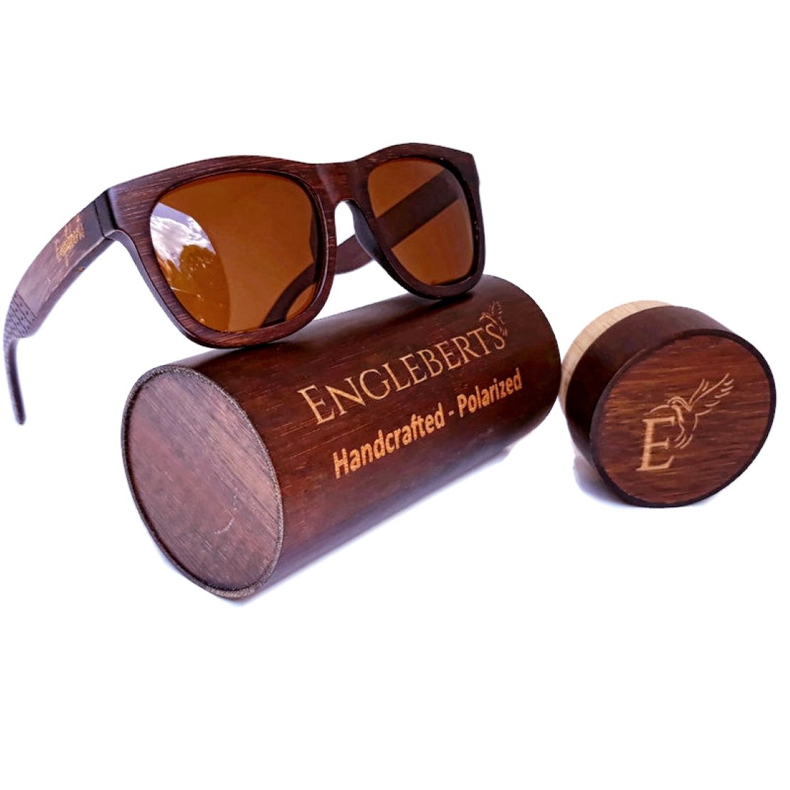 Sienna wooden sunglasses with tea polarized lenses and bamboo case, Engleberts