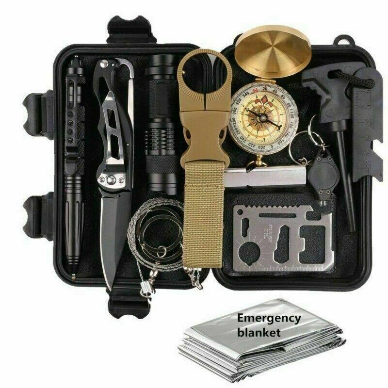 14-in-1 outdoor emergency survival and safety gear kit with tools laid out
